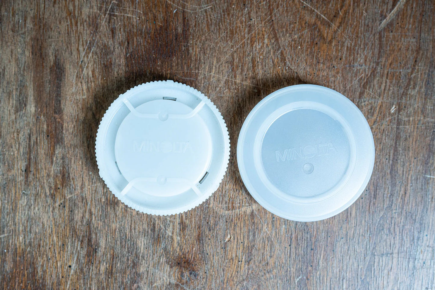 Minolta Maxxum Camera Body and Rear Lens Caps White / Clear