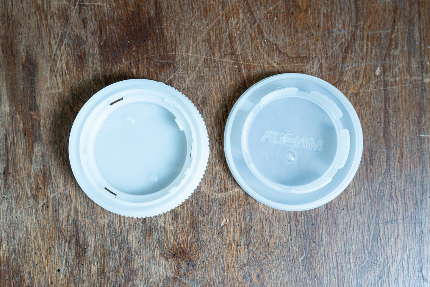 Minolta Maxxum Camera Body and Rear Lens Caps White / Clear