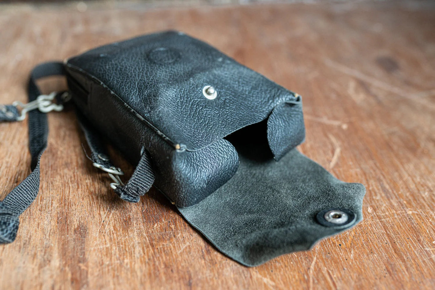 Vintage Black Leather Camera / Accessory Case w/ Strap