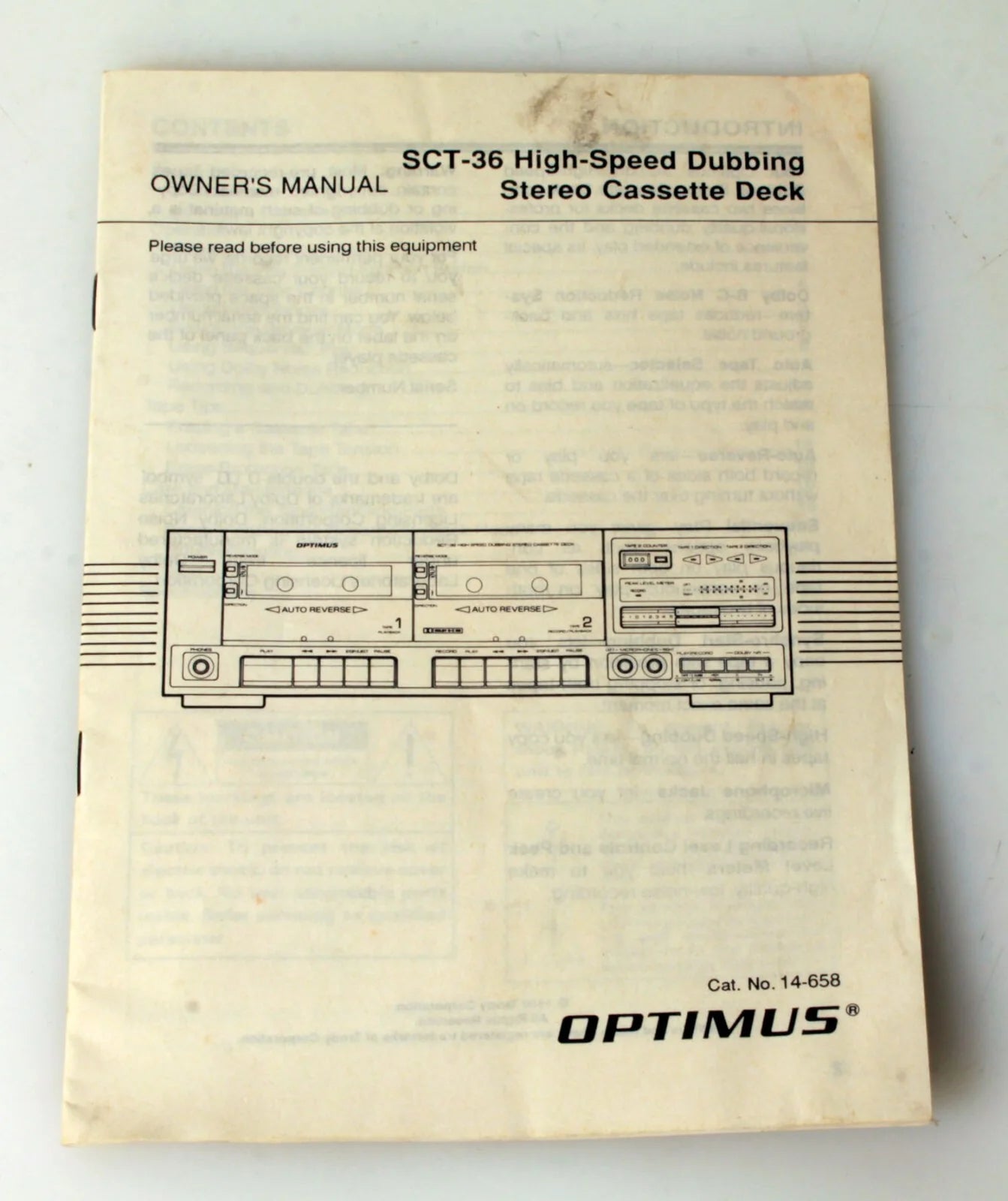 SCT - 36 High Speed Dubbing Cassette Deck Owners Manual