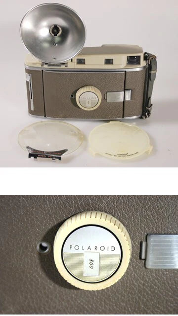 POLAROID 800 LAND CAMERA WITH FLASH BRACKET, ORANGE FILTER AND CASE