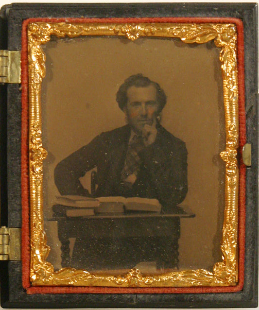 MAN AT DESK W/ 3  BOOKS AMBROTYPE IN UNION CASE NINTH PLATE 1850'S