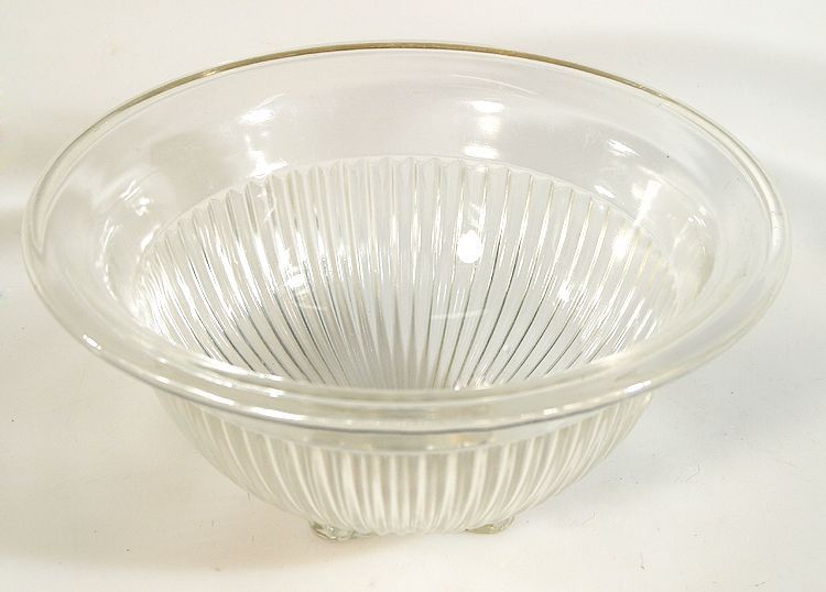 GLASS BOWL, LARGE, CLEAR, 5.5 INCHES DEEP AND 10.5 INCHES AROUND