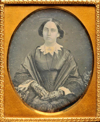 DAGUERREOTYPE OF YOUNG LADY WITH SATIN DRESS LACY FINGERLESS GLOVES