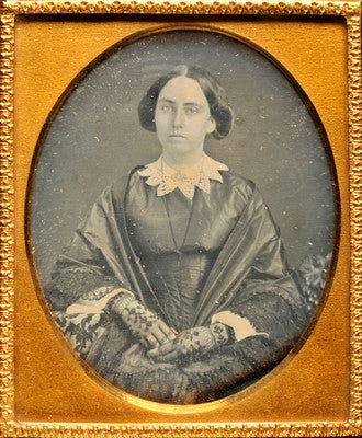 DAGUERREOTYPE OF YOUNG LADY WITH SATIN DRESS LACY FINGERLESS GLOVES
